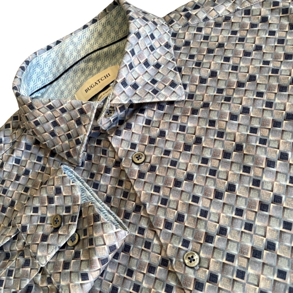 Bugatchi Button Down Shirt‎ Mens L Blue Geometric 8-Way Stretch Long Sleeve